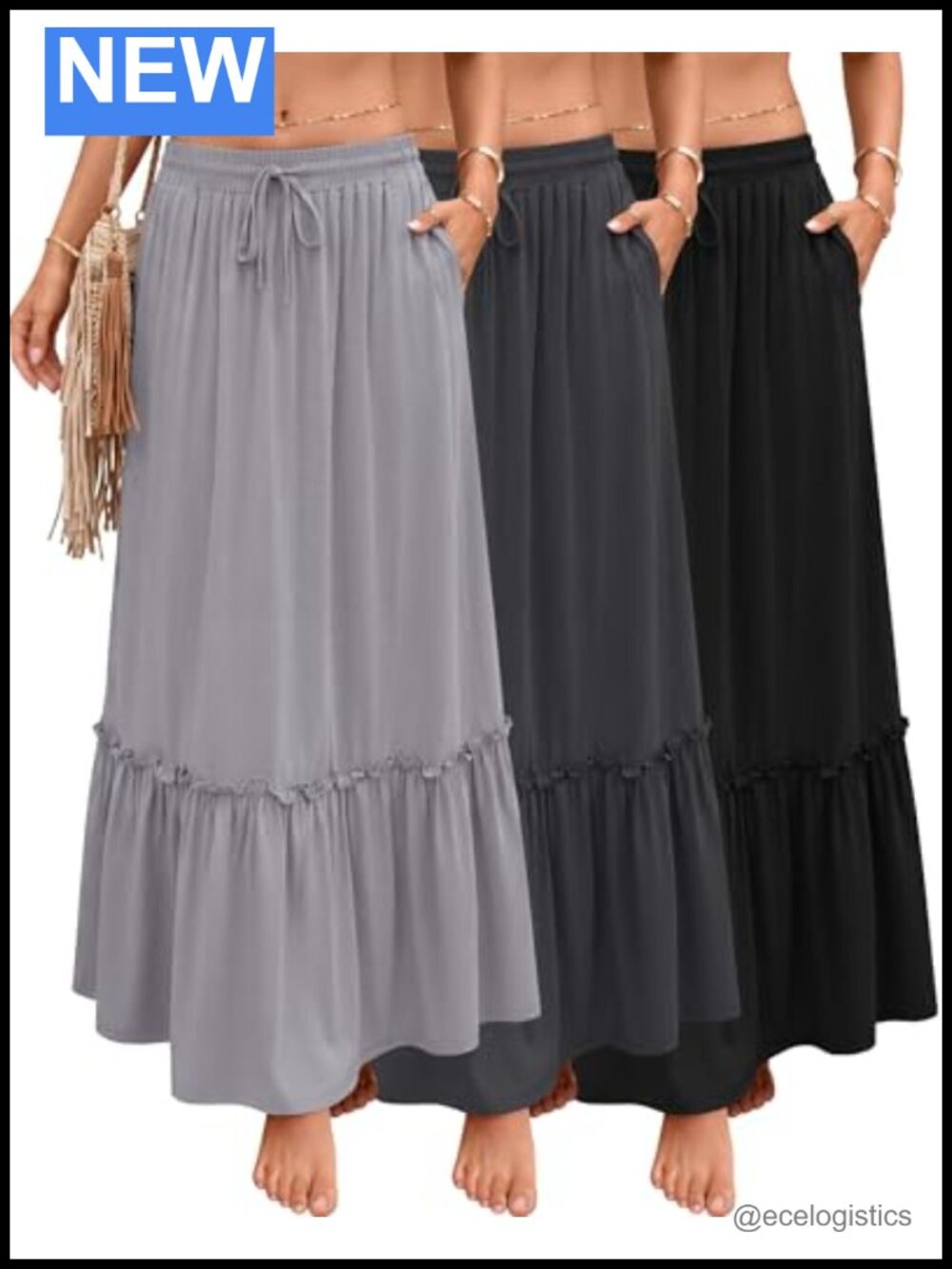 Boho Maxi Skirts for Women with Pockets Tiered Flowy Long Skirt